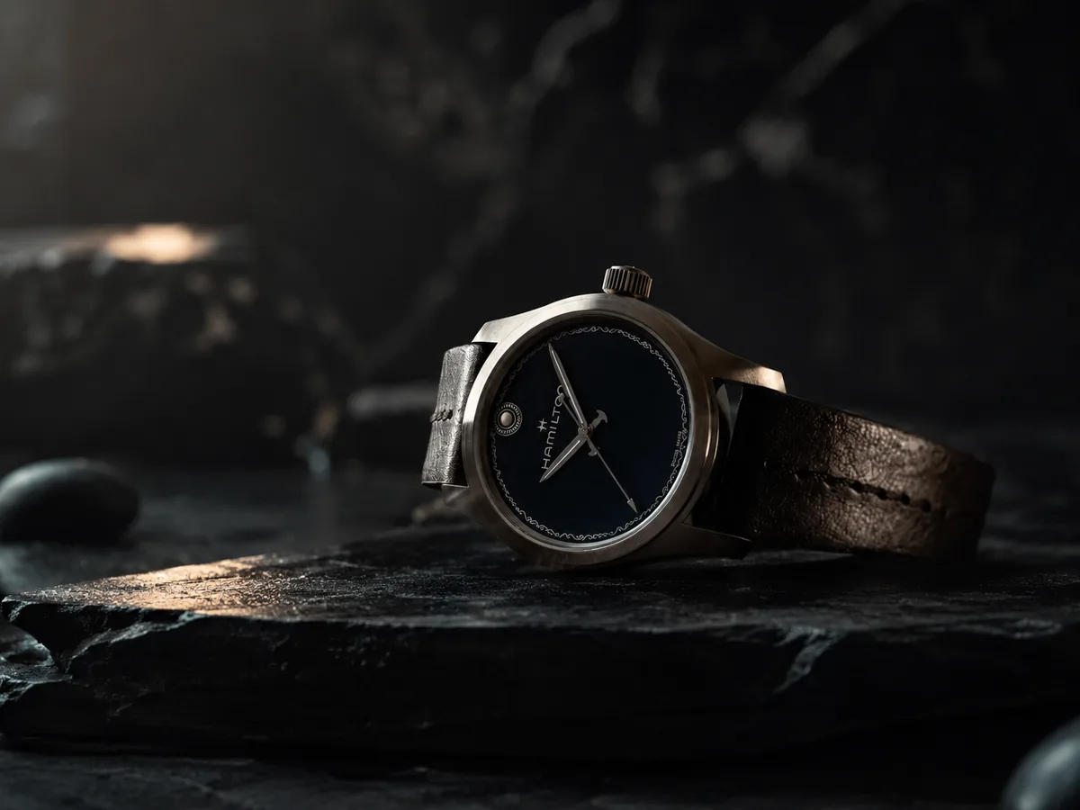The Hamilton Khaki Field Auto The Odyssey limited edition — bronze case, black dial, sword-shaped hands, on a dark leather strap
