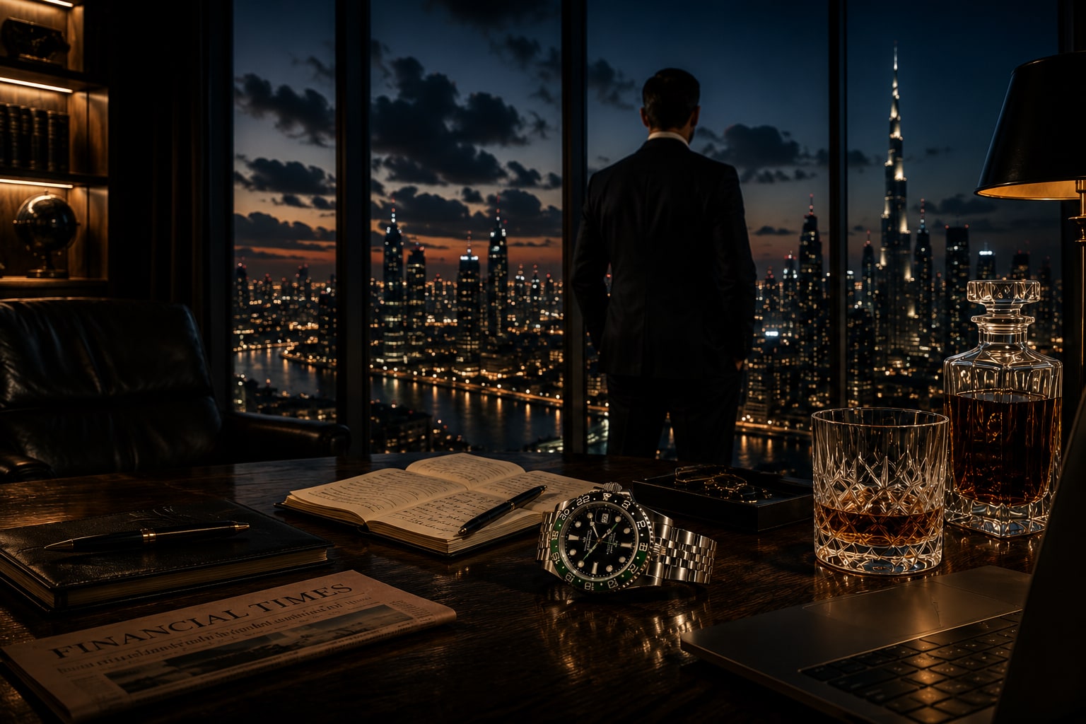 A suited man at the window of a night office over a lit city skyline; a green-bezel Rolex GMT-Master on the desk beside a whisky