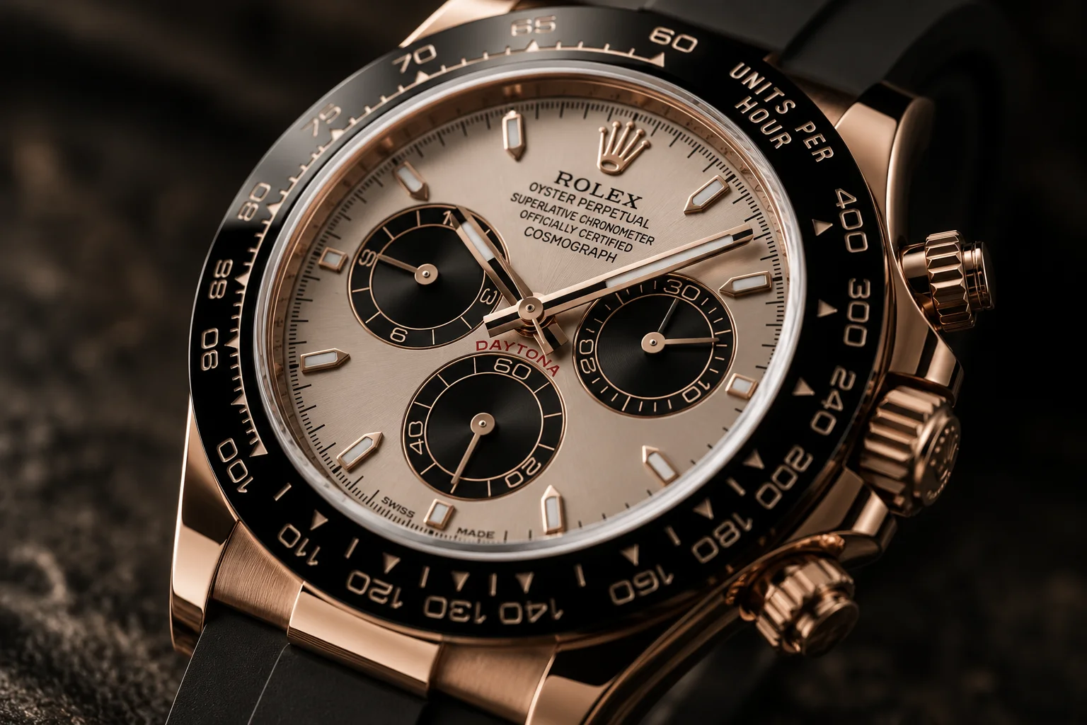 Close-up of the Rolex Daytona 126515LN — Sundust dial with black sub-dials, red Daytona signature, black Cerachrom bezel and Everose gold case on a black Oysterflex strap