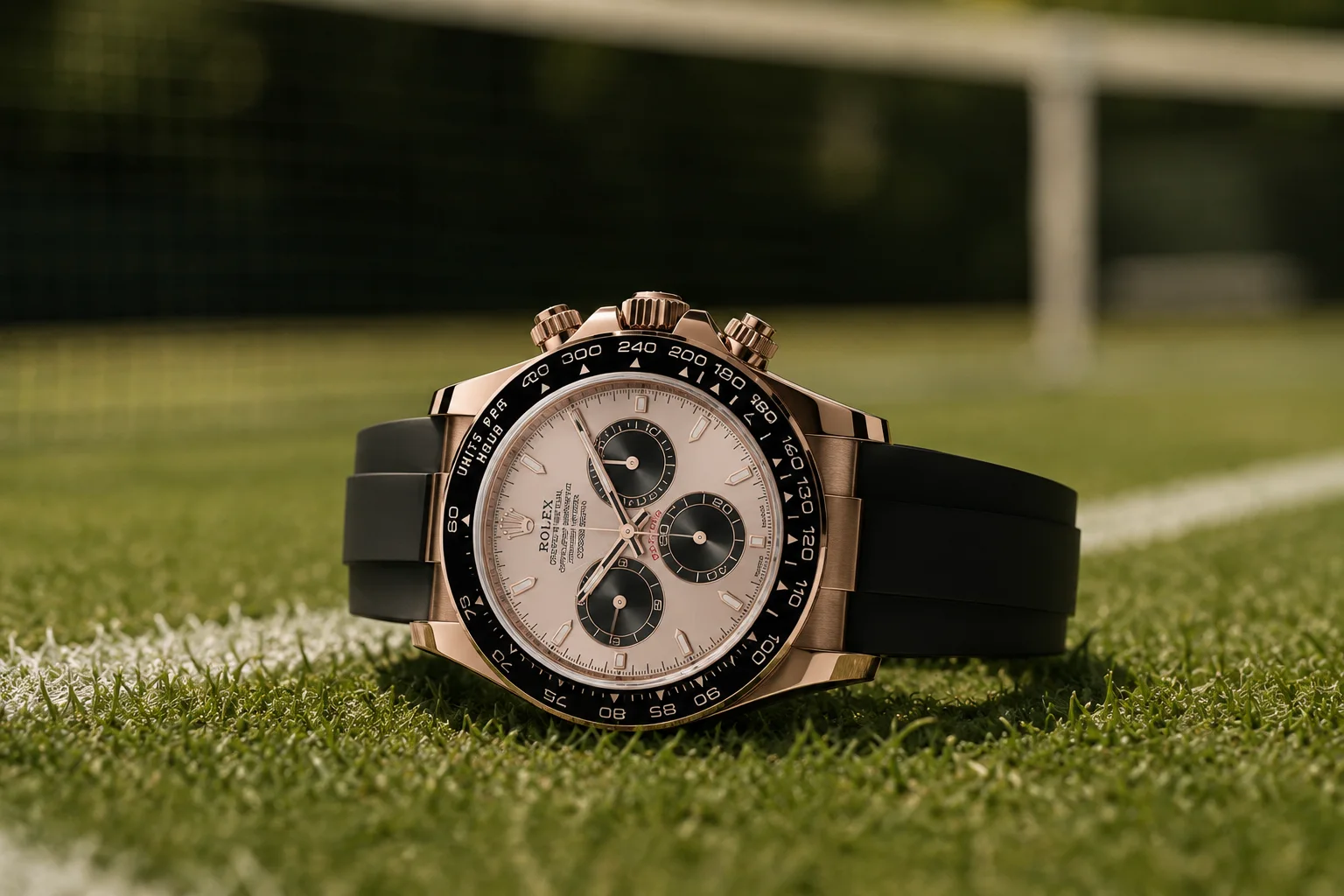 A Rolex Cosmograph Daytona ref. 126515LN in Everose gold with a black Cerachrom bezel, Sundust dial and black Oysterflex strap, resting on a grass tennis court