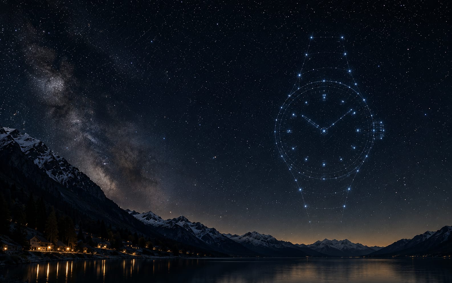 A wristwatch traced in constellation stars over a night sky above a mountain lake — where every watch is kept