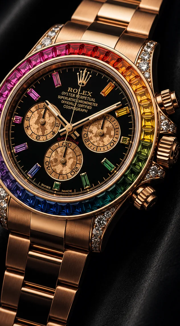 Rolex Cosmograph Daytona “Rainbow”, ref. 116595RBOW — Everose gold with a rainbow-sapphire bezel.