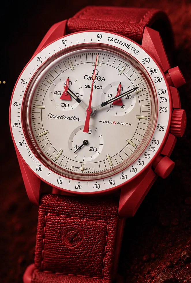 The outlier — an Omega × Swatch MoonSwatch “Mission to Mars”, roughly $270.
