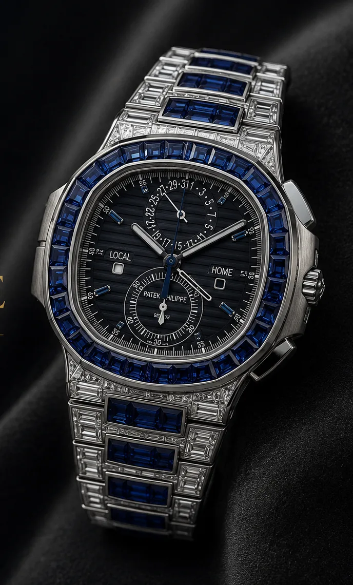 A fully gem-set Nautilus from the collection — sapphire-set bezel and bracelet.