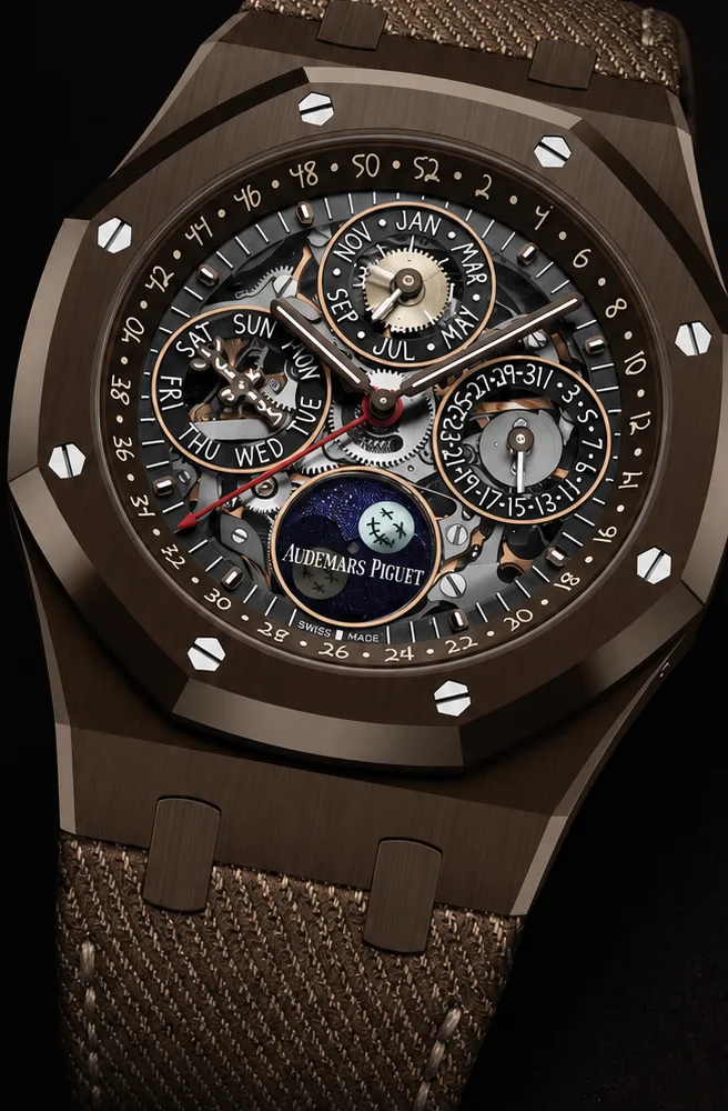 Royal Oak Perpetual Calendar Openworked “Travis Scott”, ref. 26585CM — brown ceramic, the culture-crossover piece.